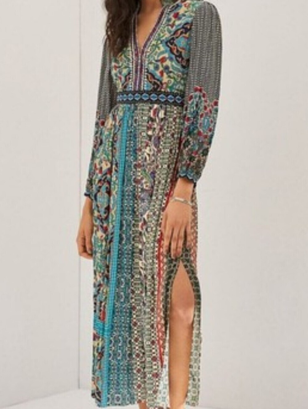 Anthropologie Teal, Coral & Navy Patchwork Maxi Dress